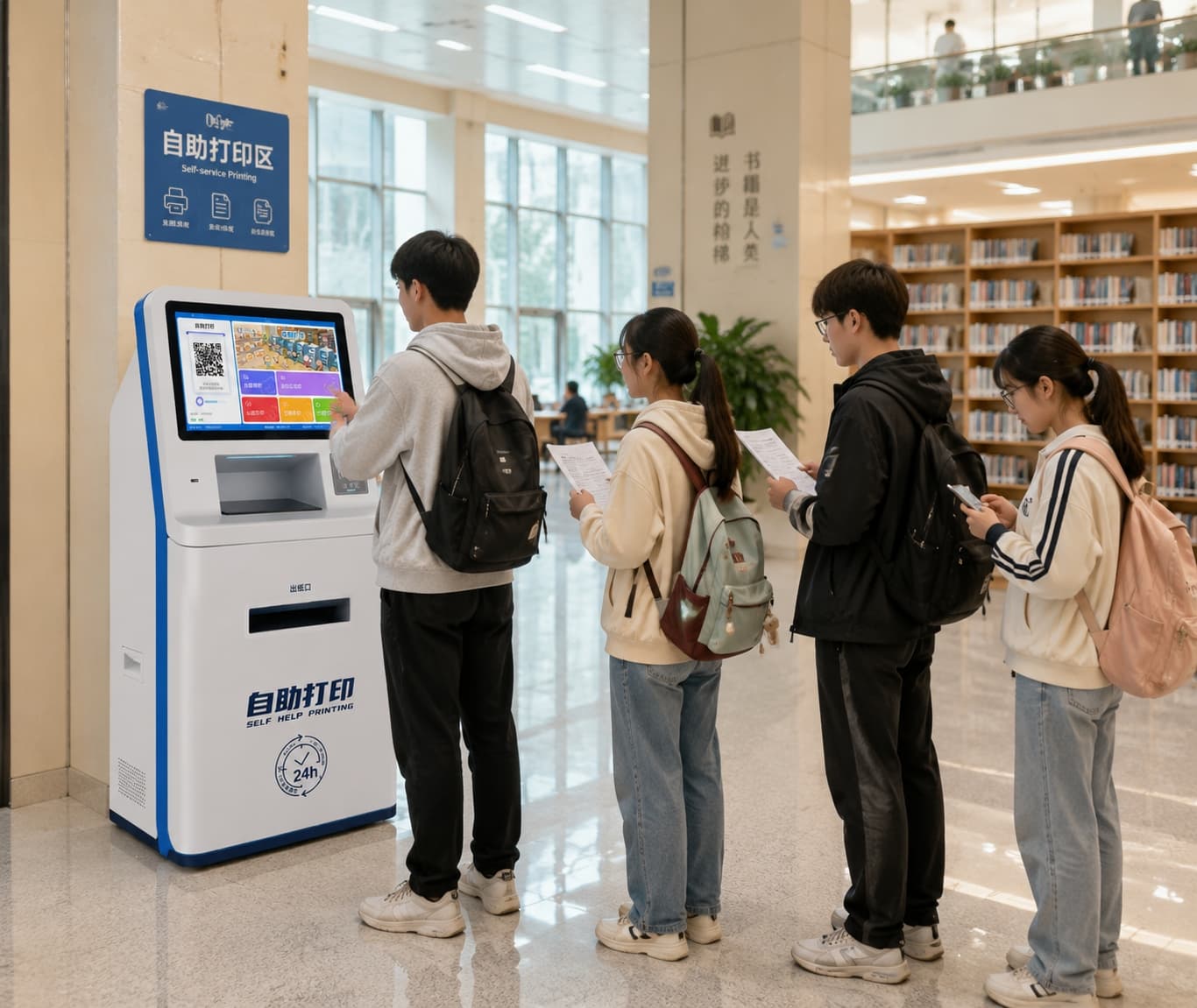 学生排队使用自助打印终端